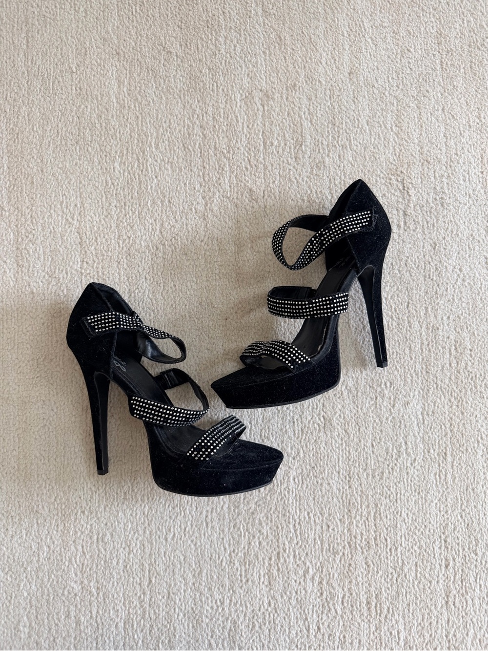 Black Velvet Rhinestone Heels - Picture 7 of 16
